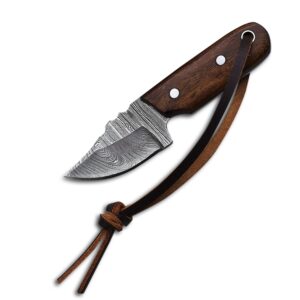 MEDIEVAL SUPPLIES Damascus Steel EDC Knife 4.5inch Fixed Blade Mini for Skinning,Survival,Camping and Outdoor Enthusiasts with Natural Handle Leather Sheath Brand By (WOOD)