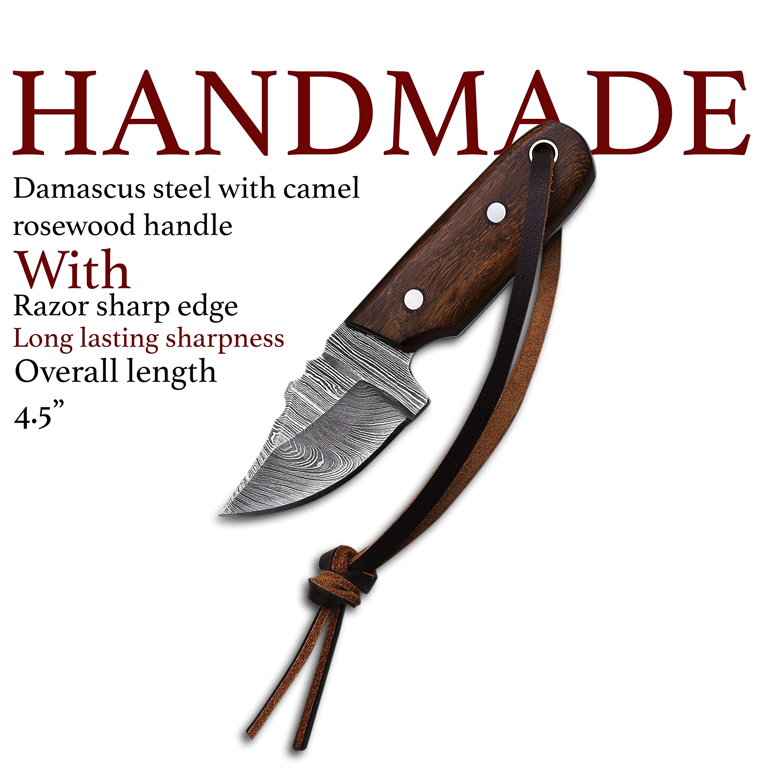 MEDIEVAL SUPPLIES Damascus Steel EDC Knife 4.5inch Fixed Blade Mini for Skinning,Survival,Camping and Outdoor Enthusiasts with Natural Handle Leather Sheath Brand By (WOOD)