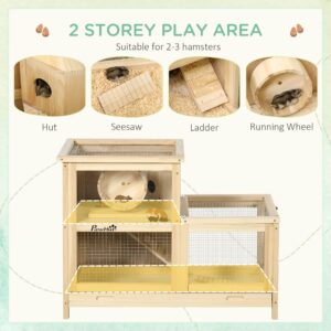 PawHut Extra Large Wooden Hamster Cage with Sliding Tray, Large Hamster Cage Including Seesaw, Small Animal Habitats with Openable Roofs, Wide Ramp for Racing, Running Wheel, Natural