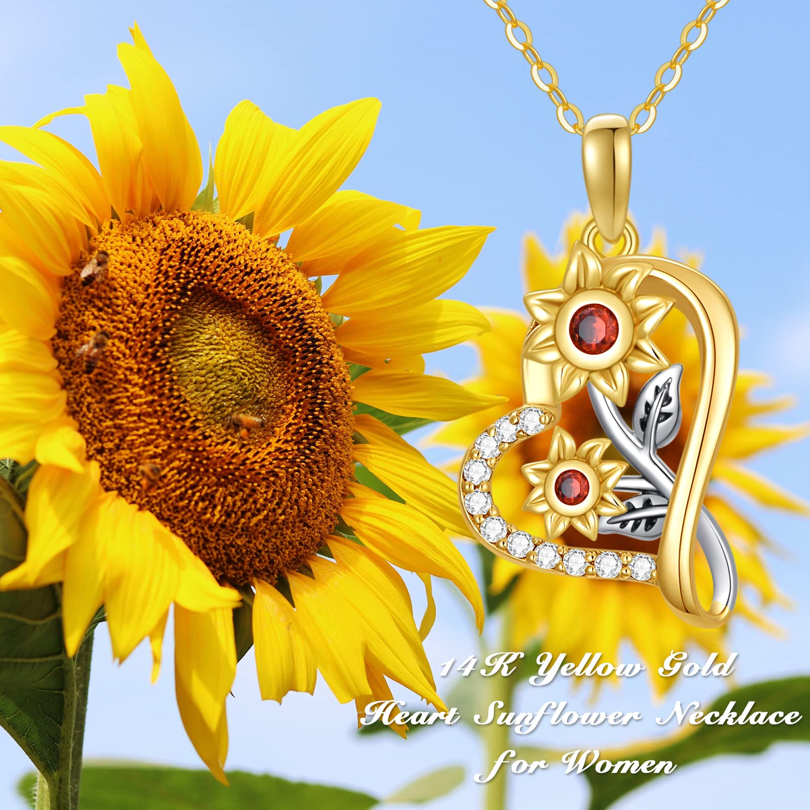 Solid 14K Gold Heart Sunflower Necklace for Women,White/Yellow Gold Moissanite Sunflower Necklaces | You are My Sunshine,Mothers Day Birthday Love Jewelry Gifts for Wife Mom 16"-18"