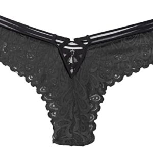 Sofishie Triple Crisscross Rings V-Back Floral Lace Panties - Black - Large