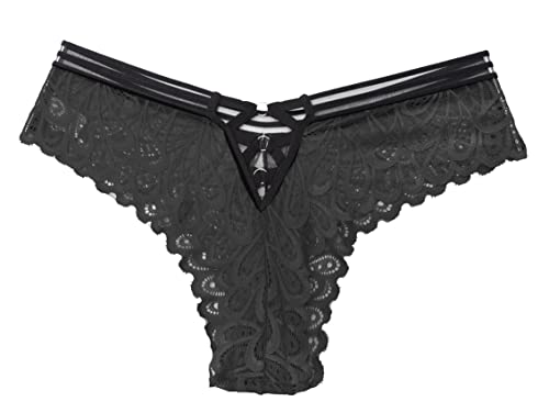 Sofishie Triple Crisscross Rings V-Back Floral Lace Panties - Black - Large