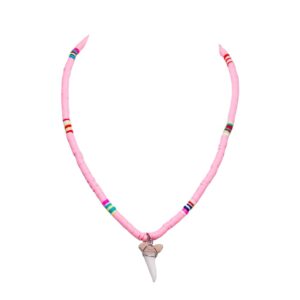 BlueRica Shark Tooth on Boho Vinyl Fimo Heishi Beads Necklace (Pink)