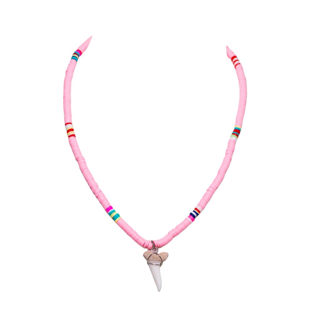 BlueRica Shark Tooth on Boho Vinyl Fimo Heishi Beads Necklace (Pink)