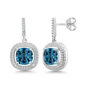 Gem Stone King 925 Sterling Silver 8MM Cushion Gemstone Birthstone and White Moissanite Drop Dangle Earrings For Women