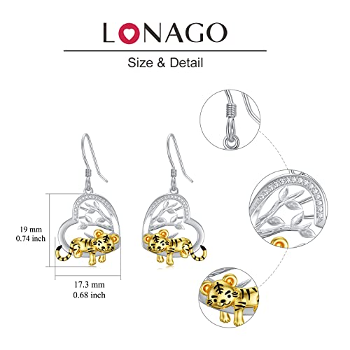 LONAGO Tiger Earrings 925 Sterling Silver Tree of Life with Cute Tiger Dangle Earrings Jewelry for Women