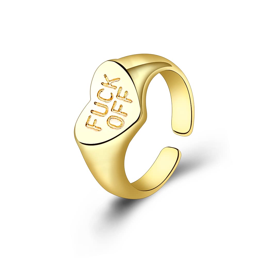 Personalized FUCK OFF Words Heart Ring for Women Inspirational Finger Tail Ring Knuckle Expandable Adjustable Hypoallergenic Stacking Cool Dainty Fashion BFF Birthday Daughter Gifts