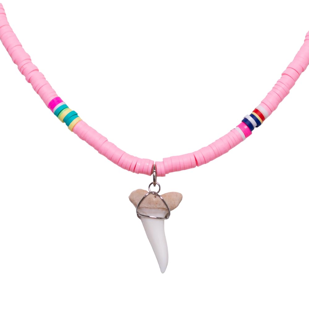 BlueRica Shark Tooth on Boho Vinyl Fimo Heishi Beads Necklace (Pink)