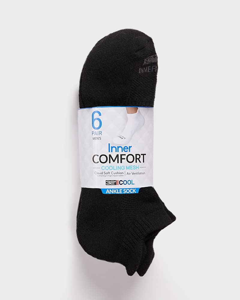 32 DEGREEES Men's 6 Pack Comfort Ankle Socks | Anti-Odor | Cushioned Heel | Arch Support | Active | Casual | Work, Black, Large