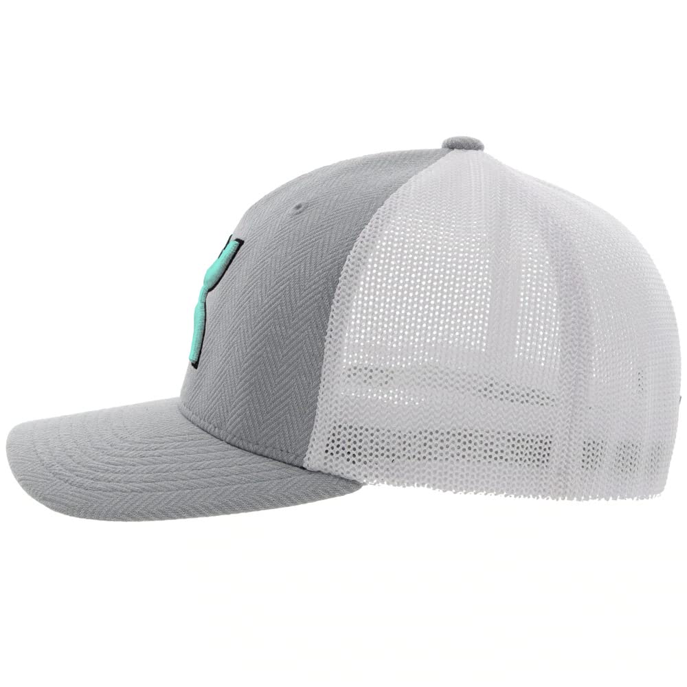 HOOEY Men's Flexfit Fitted Hat (Large/X-Large, Grey/White, Light Blue Logo)