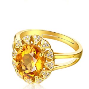 Fashion Citrine Gold Plated Gemstone Ring Yellow Diamond Ring Open Ring 925 Sterling Silver Oval Diamond Cut Cubic Zirconia Citrine Ring Wedding Engagement Ring 593 (golden color)