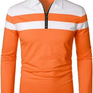 HOOD CREW Men’s Long Sleeve Polo Shirt Casual Slim Fit Shirts Contrast Color Patchwork T Shirts Cotton Tops Orange XXL