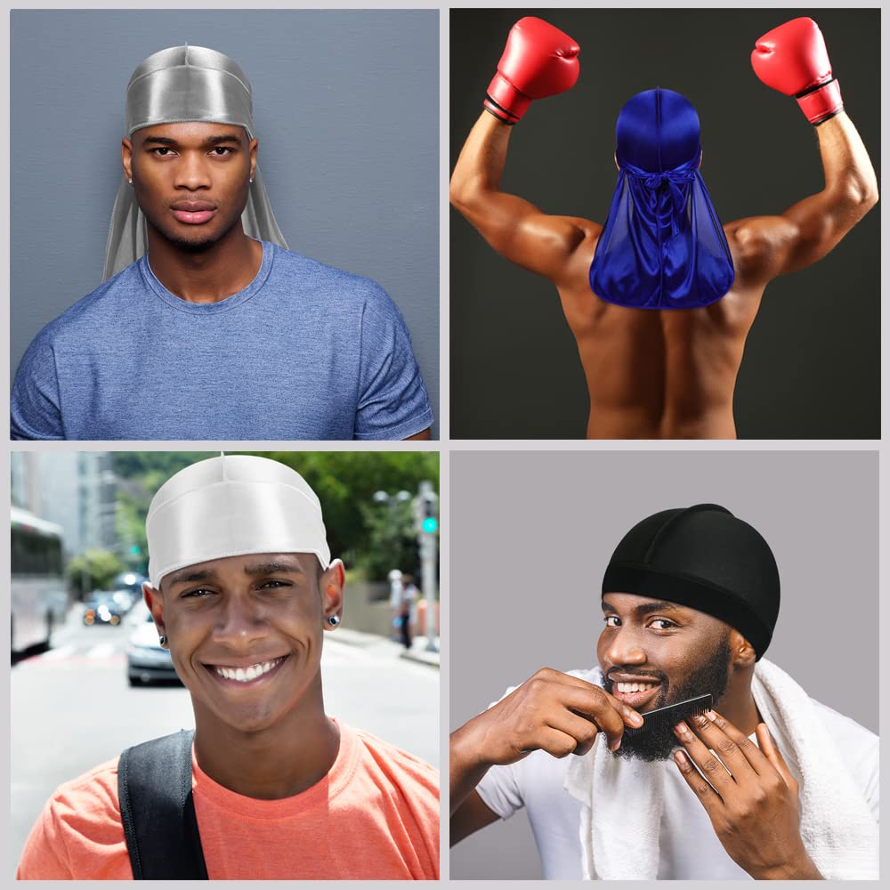 ASKNOTO 5 Pcs Silky Durag Headwraps with Long Tail and 2 Pcs Satin Wave Cap Perfect for Men 360 Waves