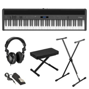 roland fp-60x 88-key supernatural portable digital piano, black bundle with stand, bench, sustain pedal, studio monitor headphones (black)