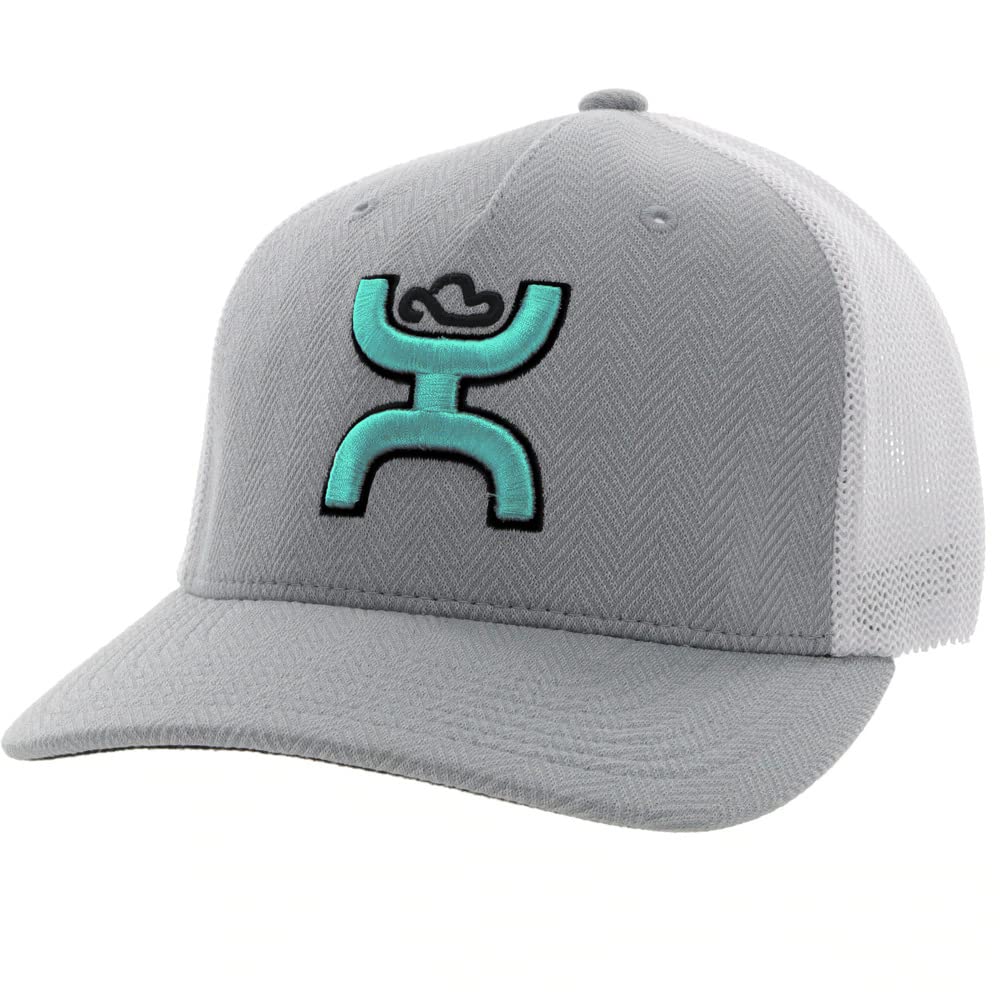 HOOEY Men's Flexfit Fitted Hat (Large/X-Large, Grey/White, Light Blue Logo)