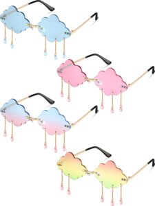 weewooday 4 pairs cloud sunglasses raindrop rimless cute sunglasses funny heart flame shaped disco glasses for women men (light blue, pink, gradient pink, blue pink,bead style)