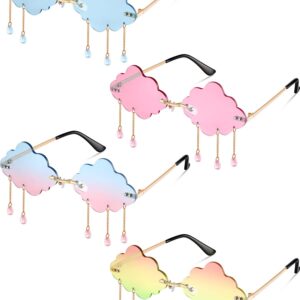 Weewooday 4 Pairs Cloud Sunglasses Raindrop Rimless Cute Sunglasses Funny Heart Flame Shaped Disco Glasses for Women Men (Light Blue, Pink, Gradient Pink, Blue Pink,Bead Style)