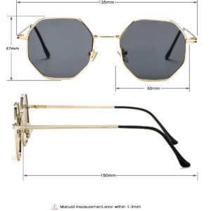 PORADAY Square Sunglasses for Women Men Retro Octagon Metal Sun Glasses Vintage Polygon Shades (Gold/Gray)