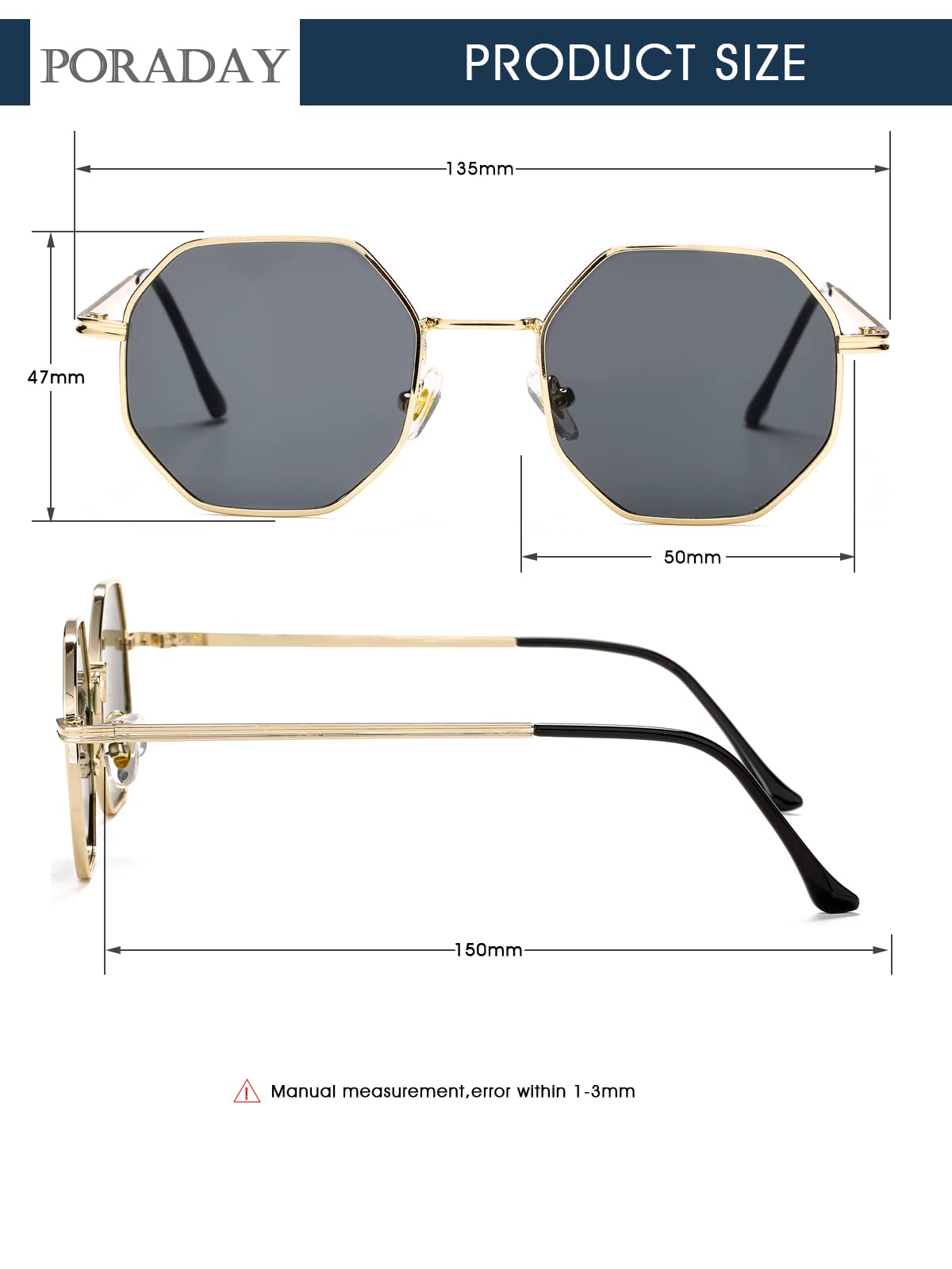 PORADAY Square Sunglasses for Women Men Retro Octagon Metal Sun Glasses Vintage Polygon Shades (Gold/Gray)