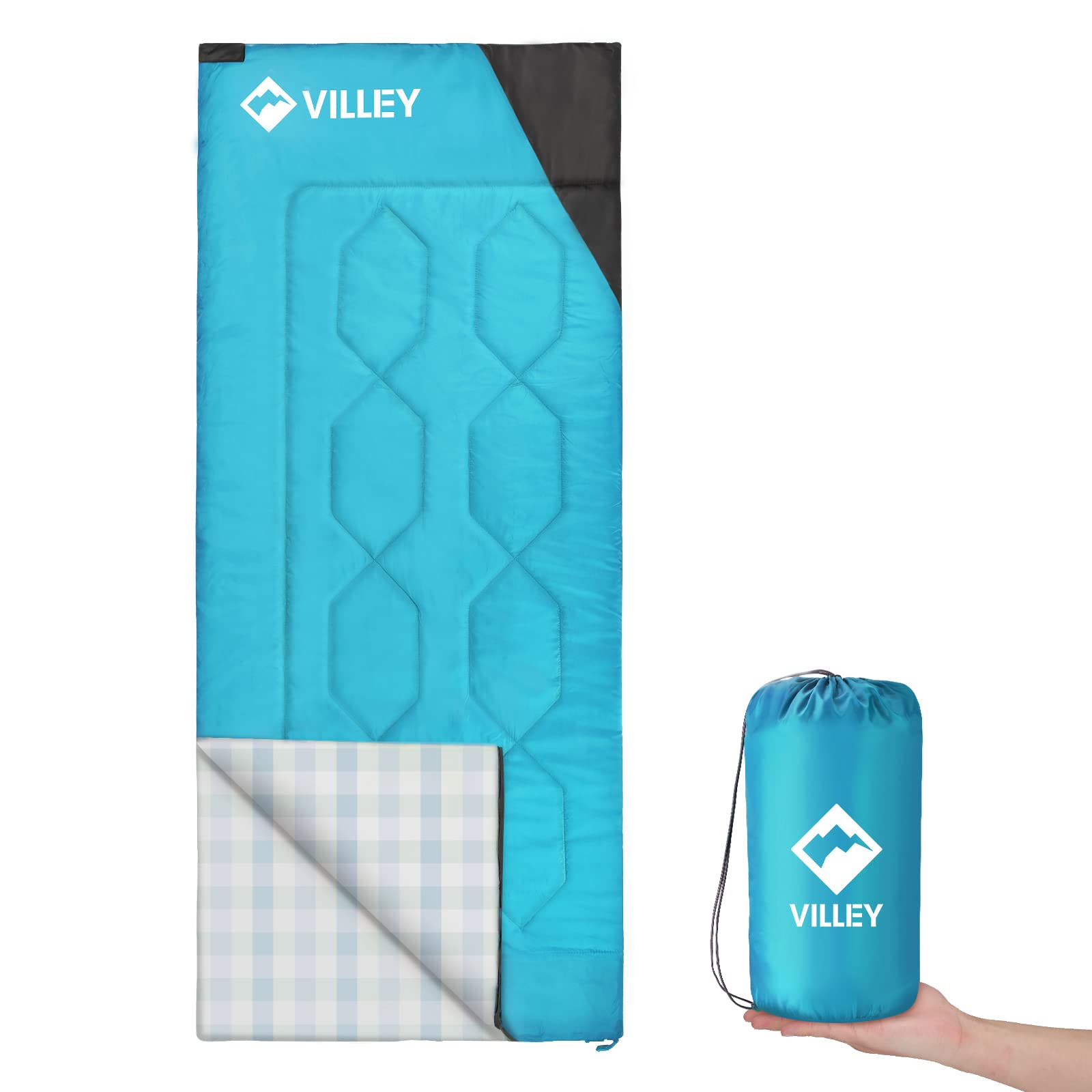 VILLEY Camping Sleeping Bag, Lightweight Backpacking Sleeping Bag with Carrying Bag for Adults & Kids, Outdoor Camping Hiking Equipment for 3 Season Warm & Cool Weather - Summer, Spring, Fall (Blue)