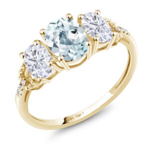 gem stone king 10k yellow gold sky blue aquamarine white moissanite and diamond accent 3-stone women engagement ring (1.77 cttw, available in size 5, 6, 7, 8, 9)