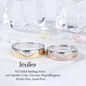 Jeulia Sterling Silver Couple Band for His and Her Two Tone Round Cut Matching Anniversary Wedding Diamond rings Engraving Jewelry Set Valentine Day with Gift Box (Couple rings, Customized)