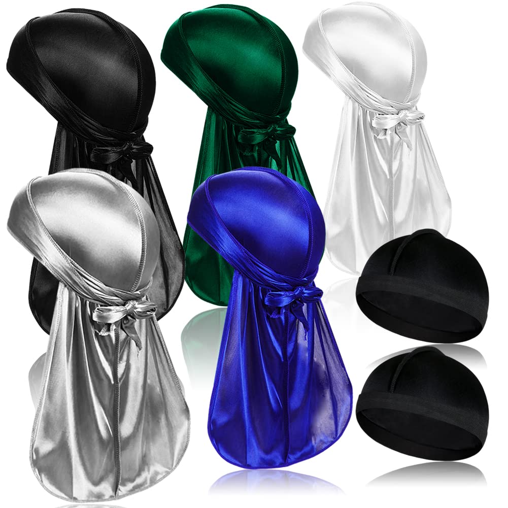 ASKNOTO 5 Pcs Silky Durag Headwraps with Long Tail and 2 Pcs Satin Wave Cap Perfect for Men 360 Waves