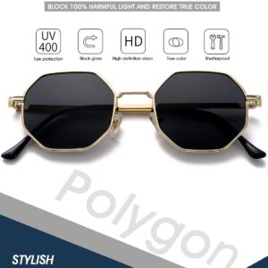 PORADAY Square Sunglasses for Women Men Retro Octagon Metal Sun Glasses Vintage Polygon Shades (Gold/Gray)