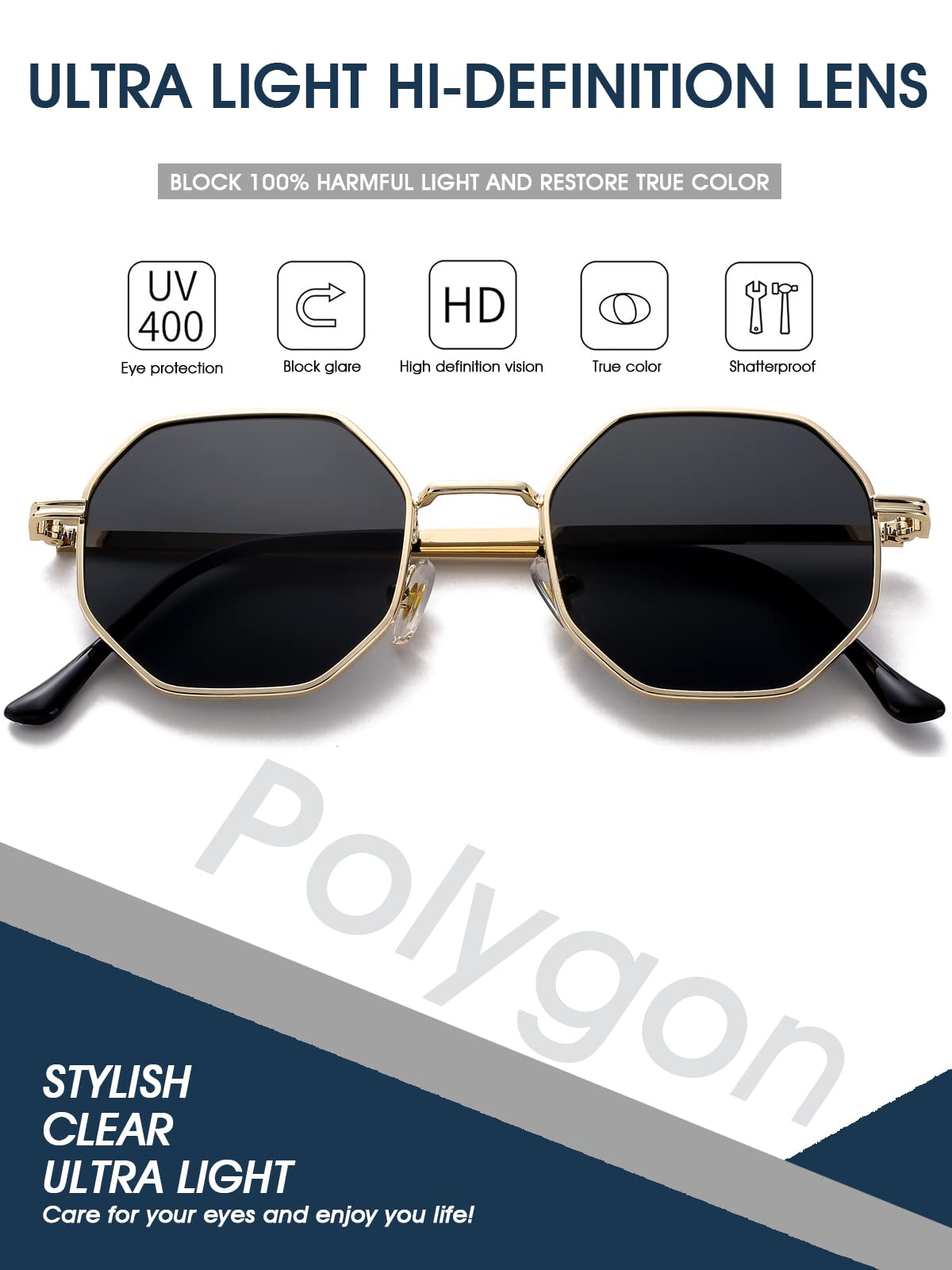 PORADAY Square Sunglasses for Women Men Retro Octagon Metal Sun Glasses Vintage Polygon Shades (Gold/Gray)