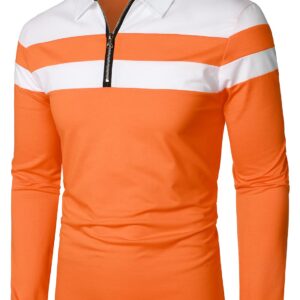 HOOD CREW Men’s Long Sleeve Polo Shirt Casual Slim Fit Shirts Contrast Color Patchwork T Shirts Cotton Tops Orange XXL