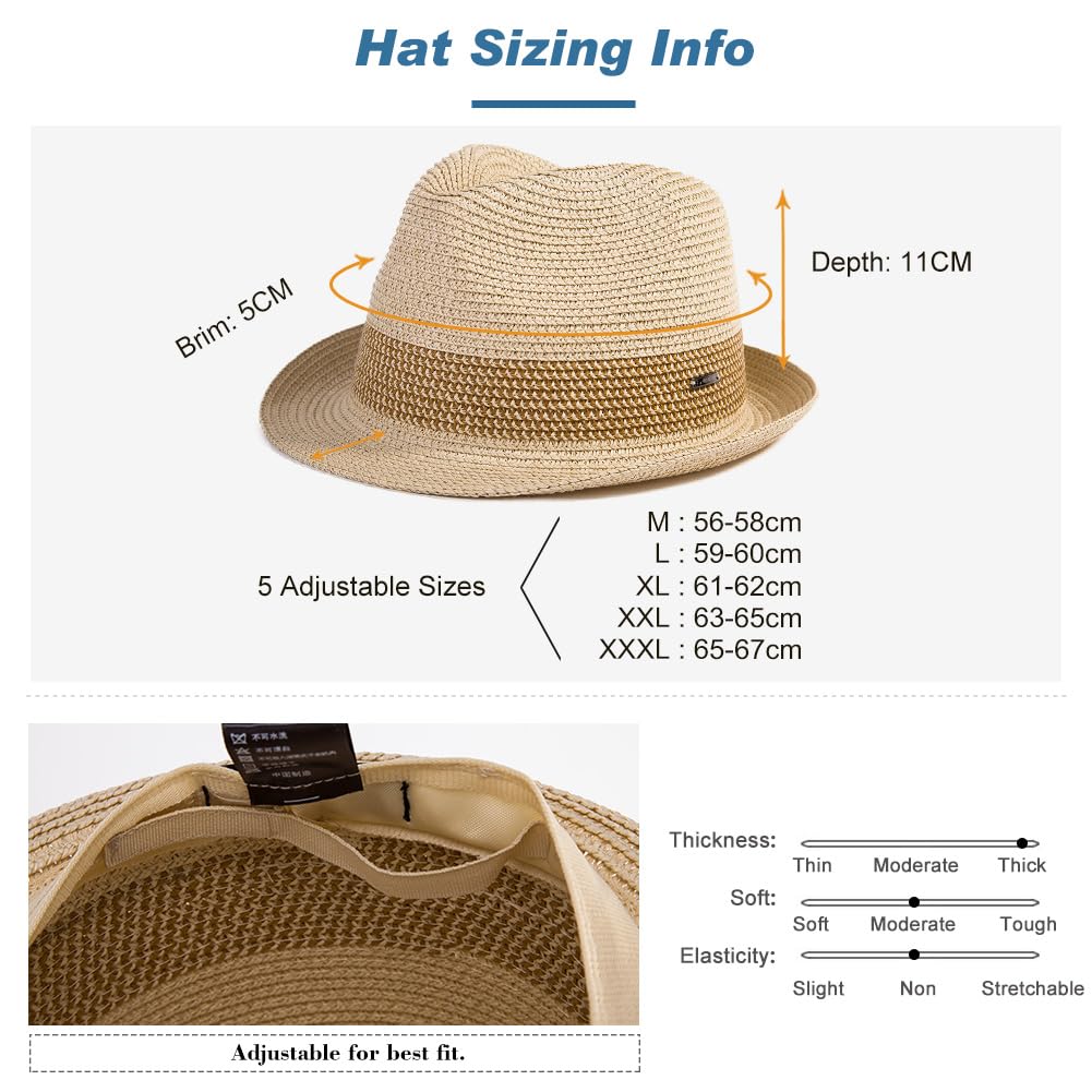 Fancet Packable Straw Fedora Panama Sun Summer Beach Hat Cuban Trilby Men Women 62-64cm Size 8 XX-Large Beige-Black