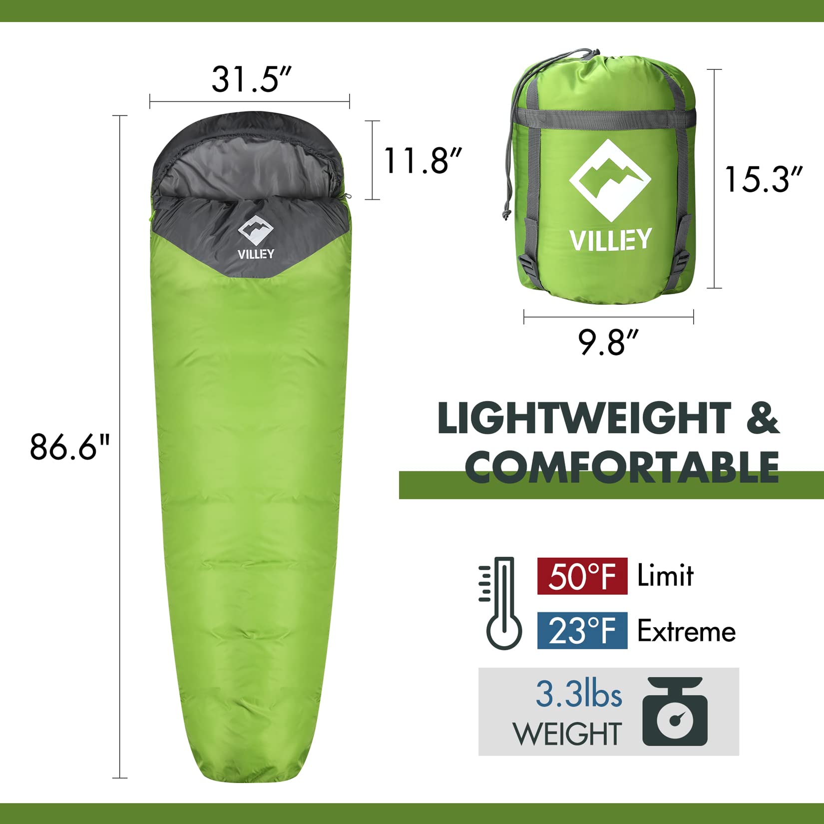 VILLEY Mummy Sleeping Bag, Lightweight Backpacking Sleeping Bag for Adults & Kids, Camping Hiking Equipment for 3-4 Seasons