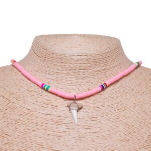 BlueRica Shark Tooth on Boho Vinyl Fimo Heishi Beads Necklace (Pink)