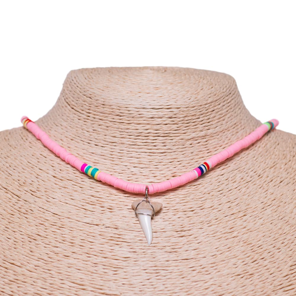 BlueRica Shark Tooth on Boho Vinyl Fimo Heishi Beads Necklace (Pink)