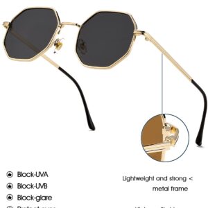 PORADAY Square Sunglasses for Women Men Retro Octagon Metal Sun Glasses Vintage Polygon Shades (Gold/Gray)