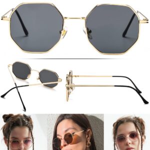 PORADAY Square Sunglasses for Women Men Retro Octagon Metal Sun Glasses Vintage Polygon Shades (Gold/Gray)