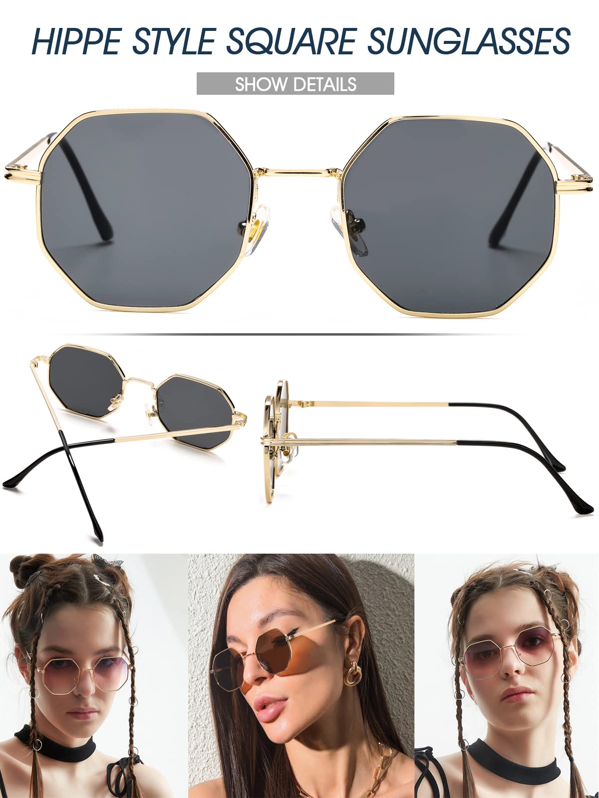 PORADAY Square Sunglasses for Women Men Retro Octagon Metal Sun Glasses Vintage Polygon Shades (Gold/Gray)