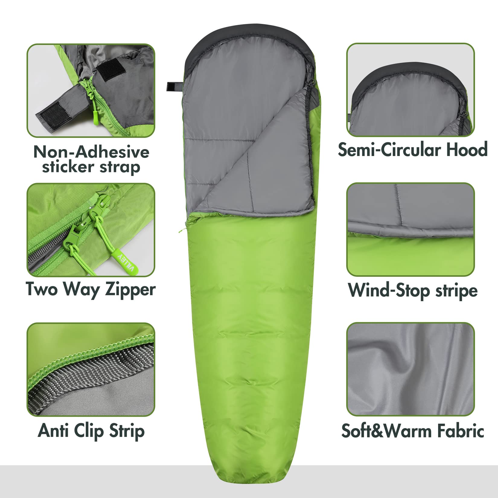 VILLEY Mummy Sleeping Bag, Lightweight Backpacking Sleeping Bag for Adults & Kids, Camping Hiking Equipment for 3-4 Seasons