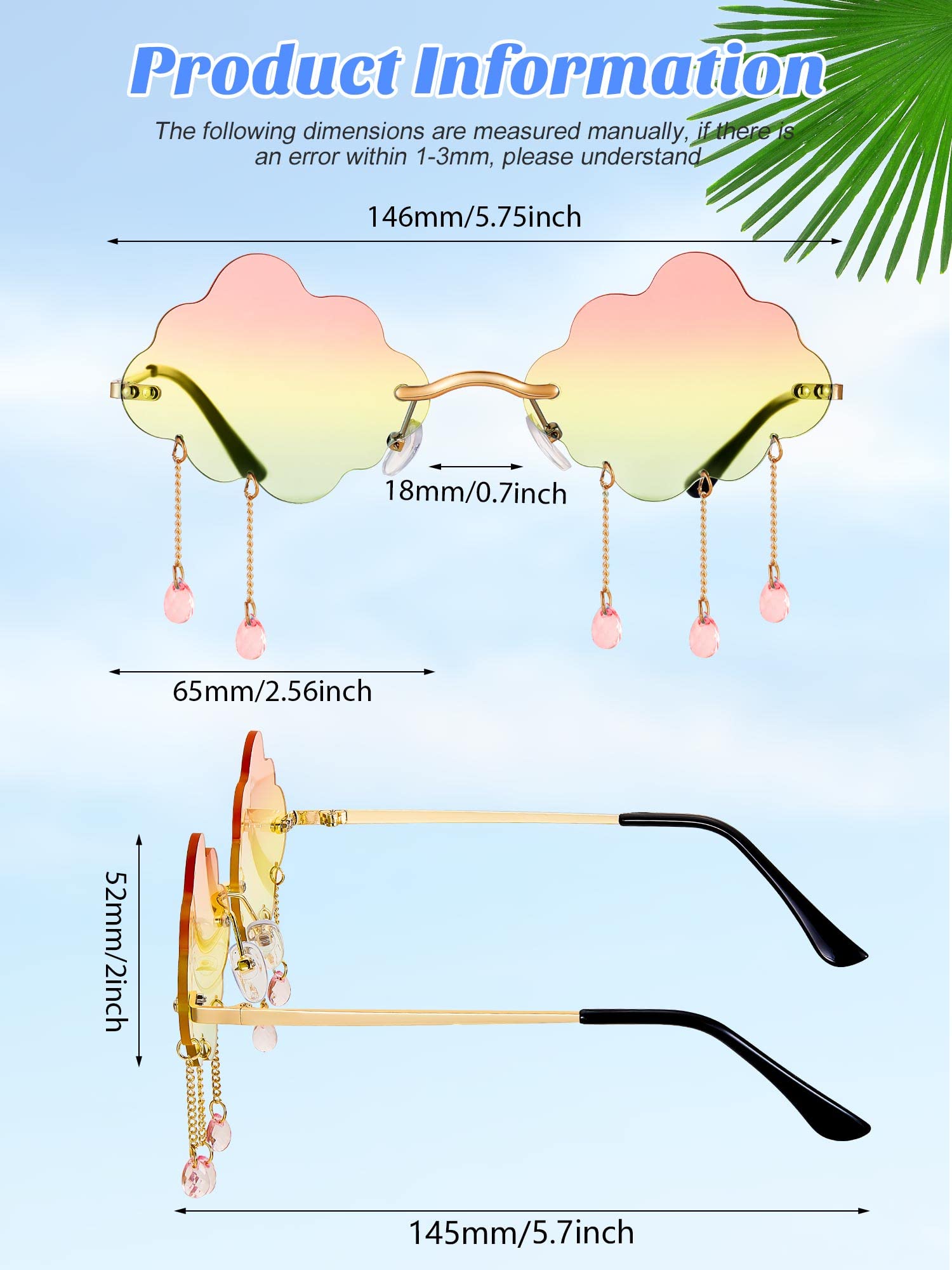 Weewooday 4 Pairs Cloud Sunglasses Raindrop Rimless Cute Sunglasses Funny Heart Flame Shaped Disco Glasses for Women Men (Light Blue, Pink, Gradient Pink, Blue Pink,Bead Style)