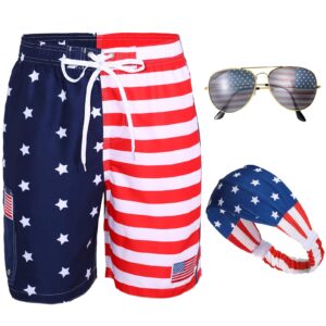 Yahenda 4th of July Shorts Mens USA American Flag Shorts Mens Swim Trunks with Headband Sunglasses Red Blue White Pants(2 X-Large)