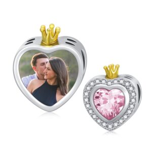 lonago personalized photo charm for women 925 sterling silver heart shaped simulated birthstone bead charm (october)