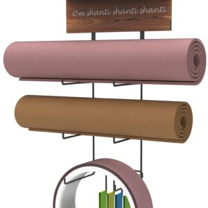 Yoga Mat Holder Wall Mount,Home Gym Equipment Accessories,Thick Accessories Meditation Yoga Mat,with Wood Floating Shelves and 4 Hooks for Hanging Foam Roller and Resistance Bands at Fitness Class or