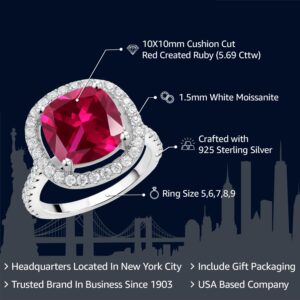 Gem Stone King 925 Sterling Silver 10MM Cushion Cut Gemstone Birthstone and White Moissanite Engagement Ring | Wedding Anniversary Promise Ring For Women | Ring Size 5-9