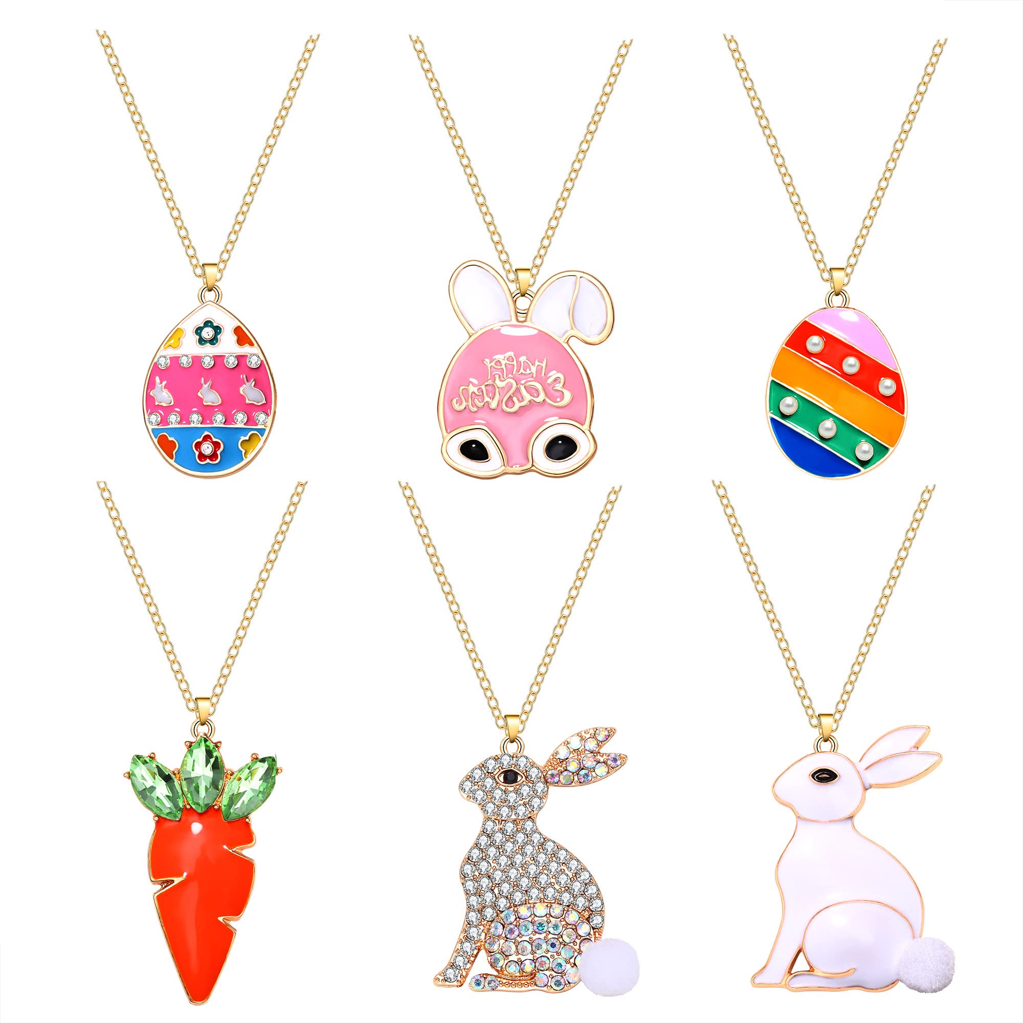 YAHPERN 6PCS Easter Necklaces for Women Enamel Egg Bunny Pendant Necklaces Rhinestone Carrot Rabbit Long Necklace Set Easter Theme Jewelry Gift (Style1 1-6 PCS)