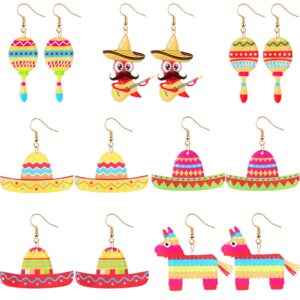 7 pairs fiesta earrings cinco de mayo dangle earrings for women, mexican themed acrylic earrings, fiesta party supplies sombrero maraca pinata chili luau dangle earrings, carnivals event festivals