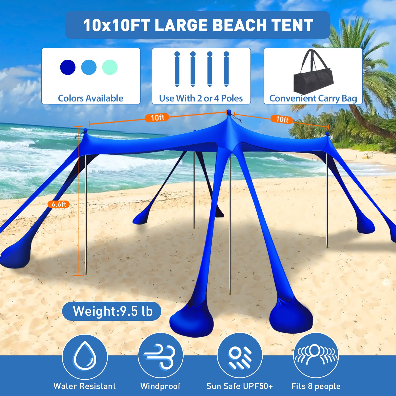 Wabolay Beach Tent Canopy Pop Up Shade 10x10ft Sun Shelter Portable Family UPF50+ with 8 Sandbags-2 Sand Shovel-4 Aluminum Poles-Ground Pegs-Carrying Bag for Outdoor Camping Fishing Backyard Picnic