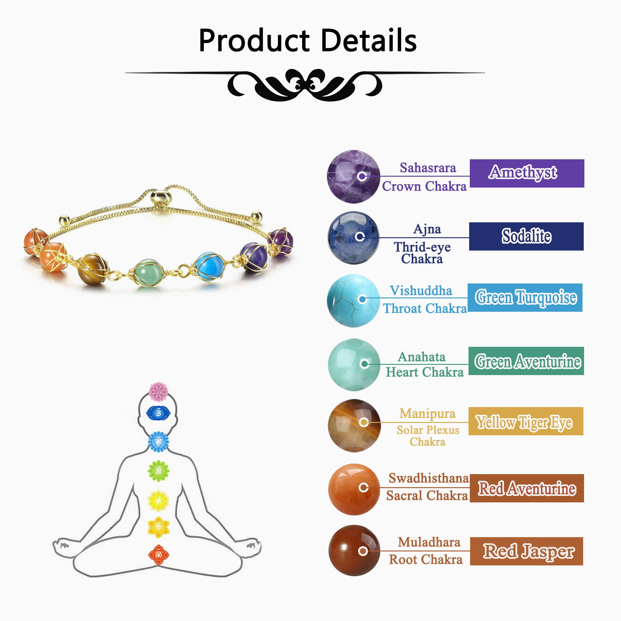 CrystalTears Chakra Crystal Bracelet for Women Adjustable 14k Gold Plated Wire Wrapped Healing Crystal Gemstone Bead Bracelet Natural Quartz Crystal Stone Bracelet Mother’s Day Gift for Mom