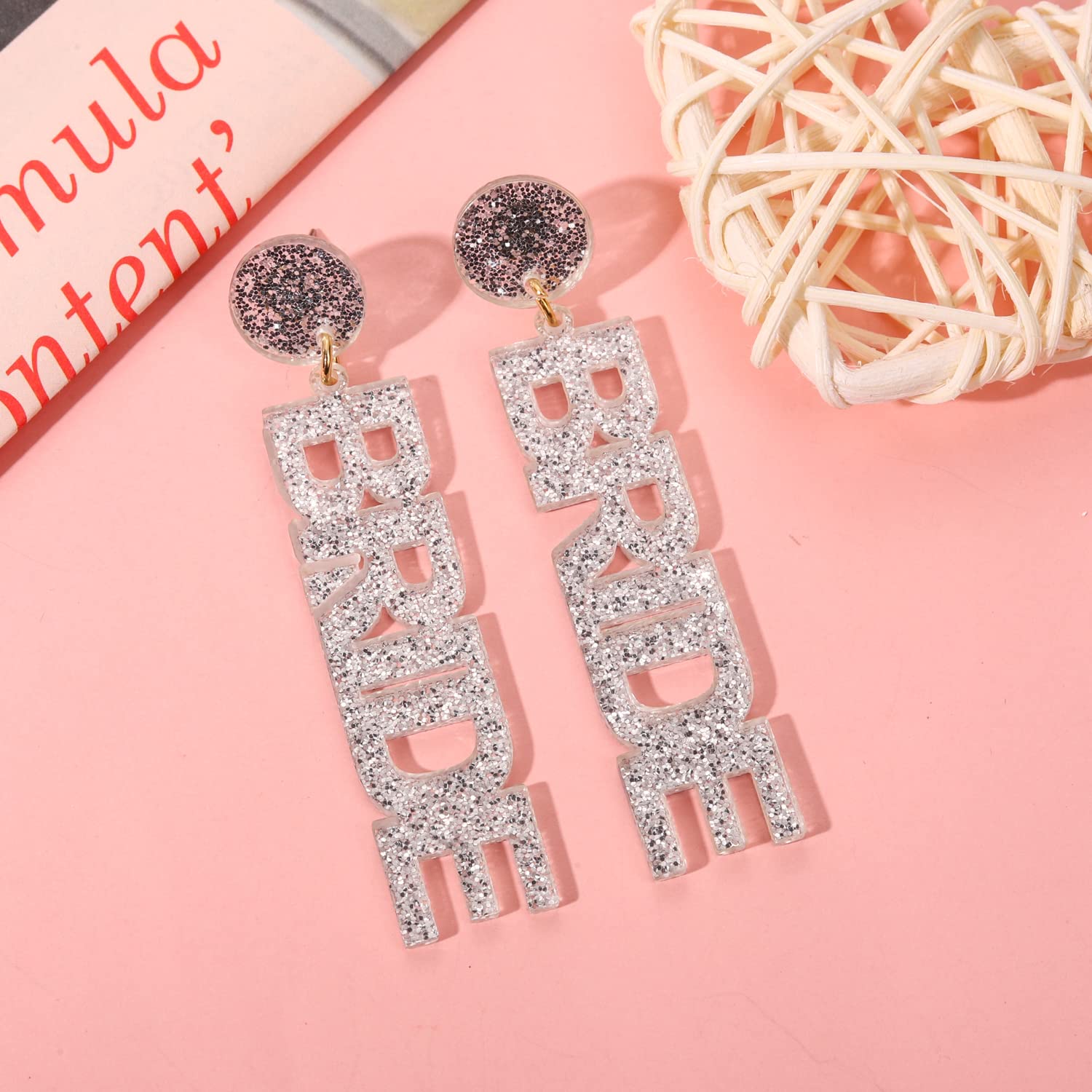 Bride Earrings for Women Acrylic BRIDE MRS Dangle Earrings Sparkling Glitter Letter Drop Earrings Wedding Party Jewelry Gift (Silver Bride)