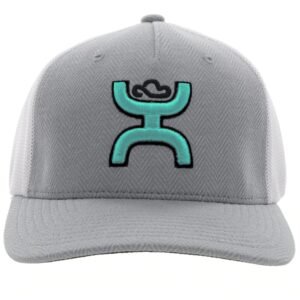 HOOEY Men's Flexfit Fitted Hat (Large/X-Large, Grey/White, Light Blue Logo)