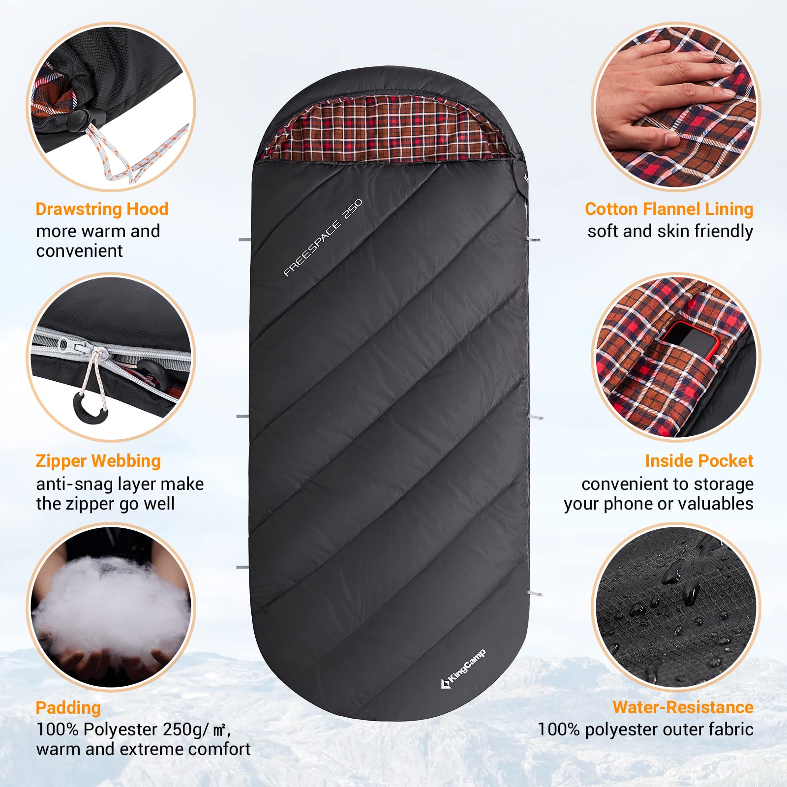 KingCamp Extra Wide Sleeping Bags - Adult XL Sleeping Bag, Cotton Flannel Sleeping Bag, Camping Sleeping Bags for 3 Seasons for Hiking and Outdoors Adventures, Waterproof & Compact & Lightweight